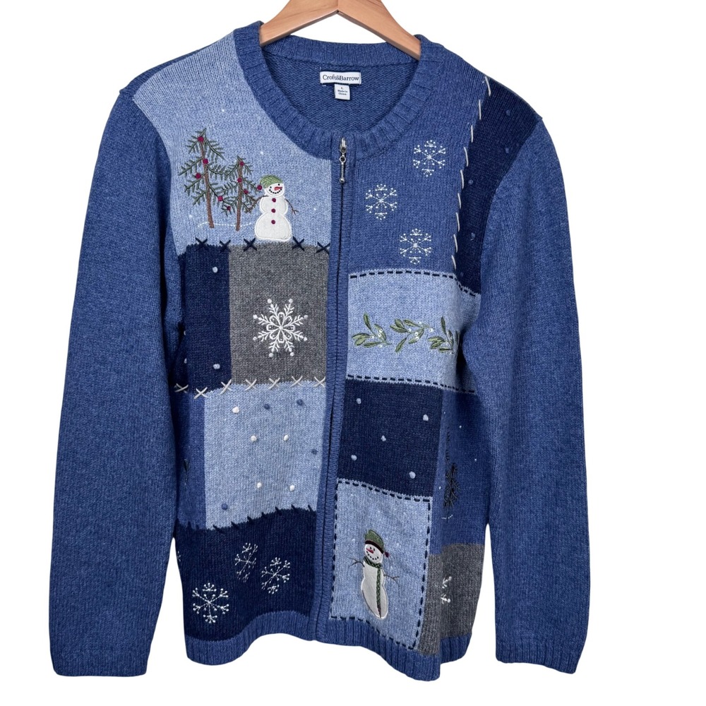Ugly Christmas Blue Sweater Cardigan L Patchwork Snowman Festive Holiday Grandma
